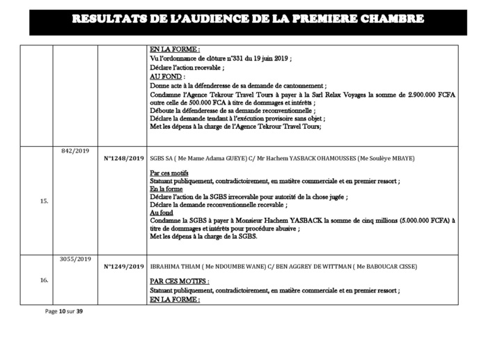 Tribunal du Commerce: Délibérés des Audiences du mercredi 21 août 2019