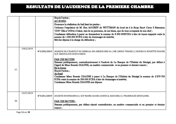 Tribunal du Commerce: Délibérés des Audiences du mercredi 21 août 2019