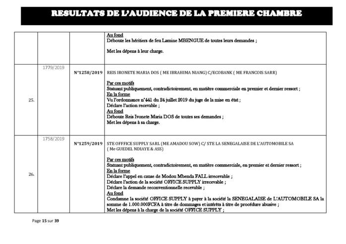 Tribunal du Commerce: Délibérés des Audiences du mercredi 21 août 2019