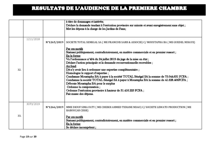 Tribunal du Commerce: Délibérés des Audiences du mercredi 21 août 2019