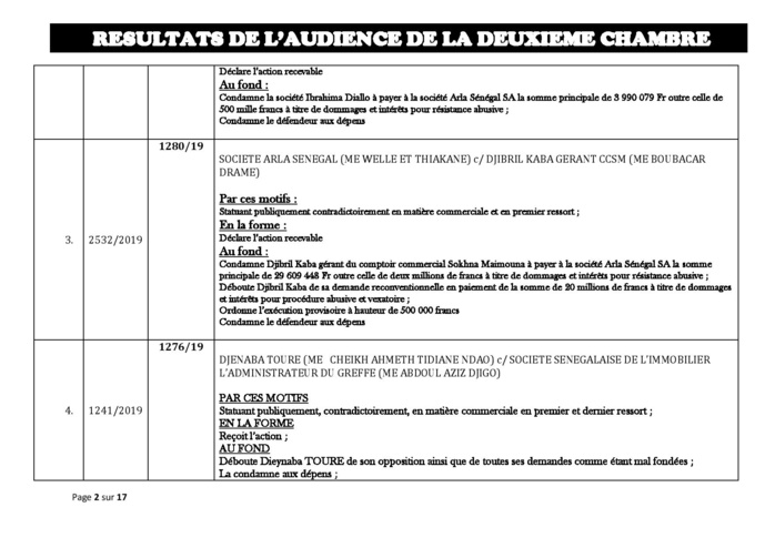 Tribunal du Commerce: Délibérés des Audiences de la 2e Chambre du mercredi 21 août 