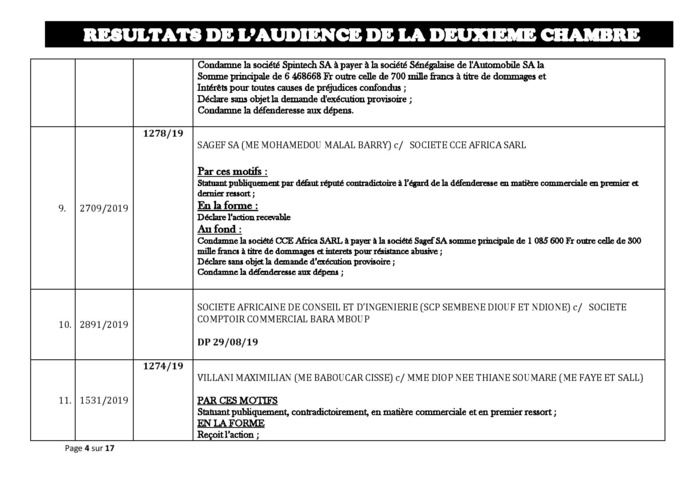 Tribunal du Commerce: Délibérés des Audiences de la 2e Chambre du mercredi 21 août 