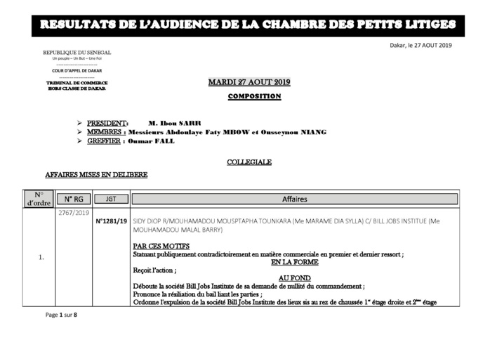 Tribunal du Commerce: Délibérés des Audiences du mardi 27 août 2019