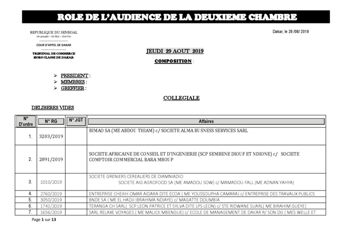 Tribunal du Commerce: Audiences de la 2e Chambre de ce jeudi 29 août