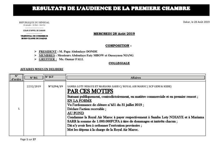 Tribunal du Commerce: Délibérés des Audiences du mercredi 28 août 2019