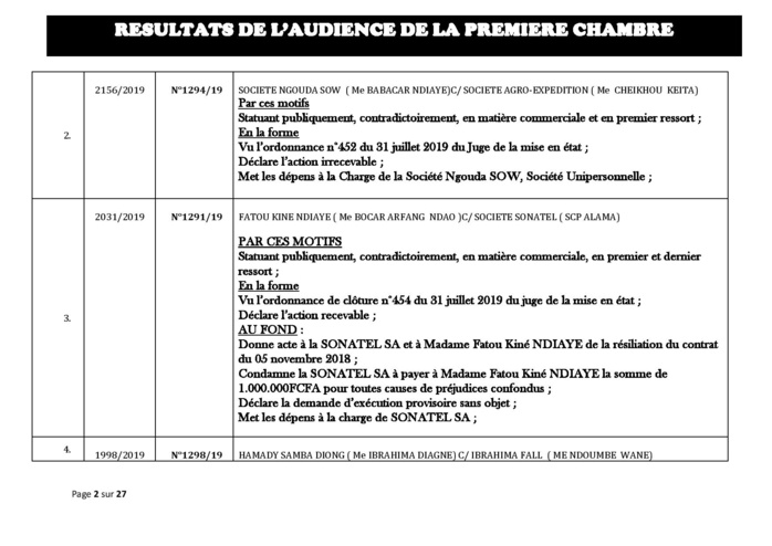 Tribunal du Commerce: Délibérés des Audiences du mercredi 28 août 2019