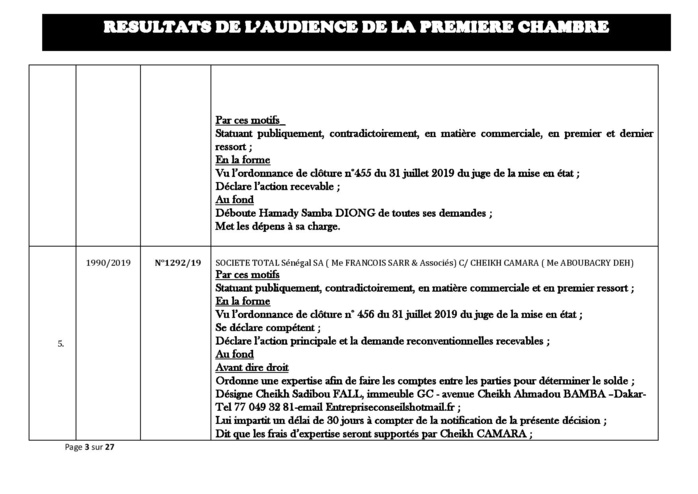 Tribunal du Commerce: Délibérés des Audiences du mercredi 28 août 2019