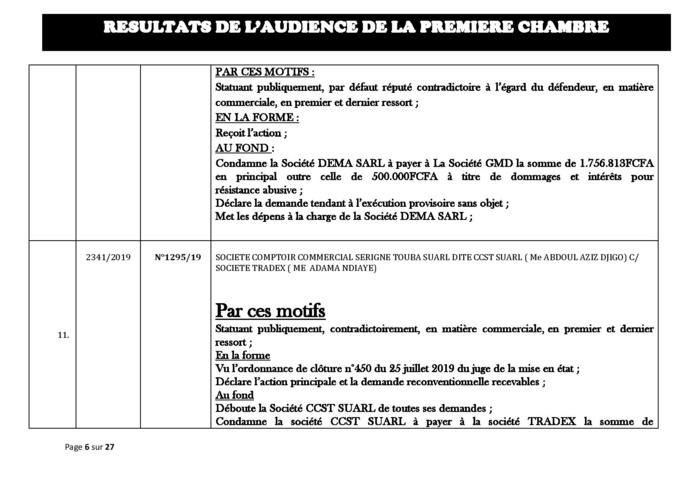 Tribunal du Commerce: Délibérés des Audiences du mercredi 28 août 2019