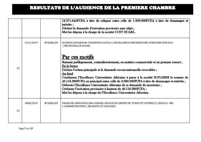 Tribunal du Commerce: Délibérés des Audiences du mercredi 28 août 2019