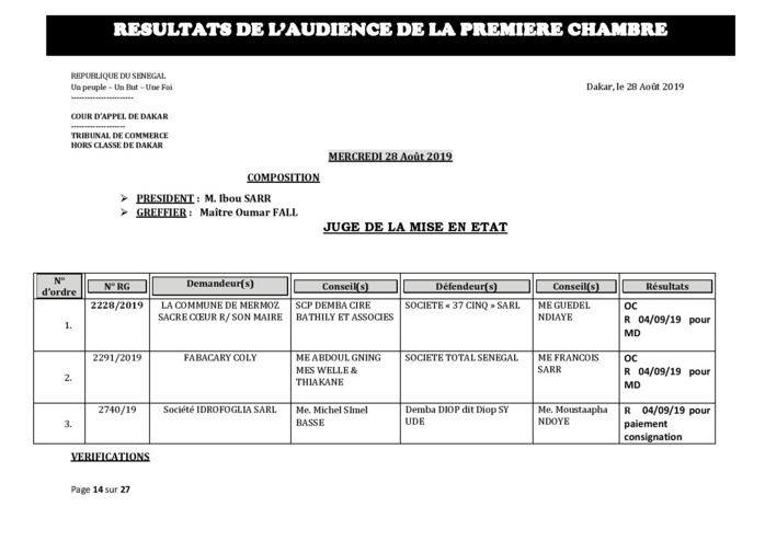 Tribunal du Commerce: Délibérés des Audiences du mercredi 28 août 2019