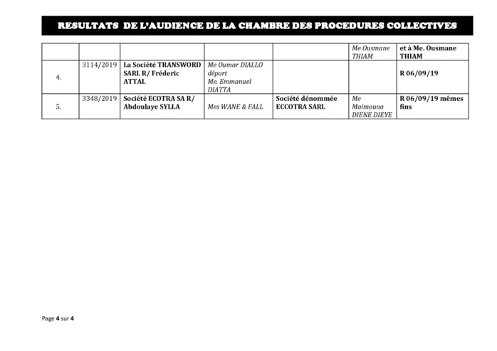 Tribunal du Commerce: Délibérés des Audiences du vendredi 30 août 2019