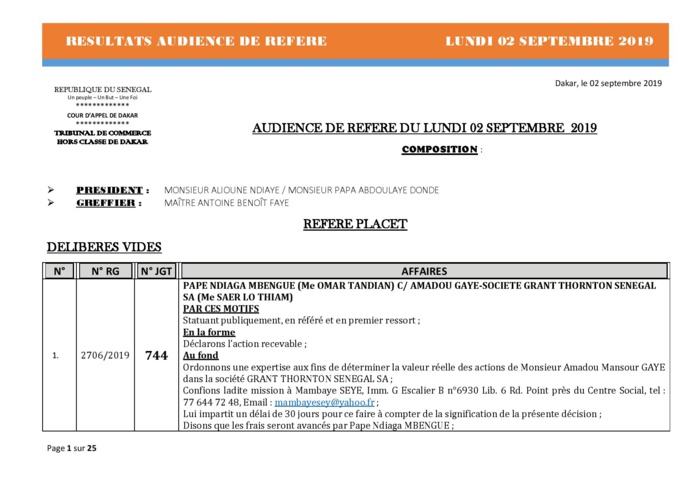 Tribunal du Commerce: Délibérés des Audiences du lundi 2 septembre 2019