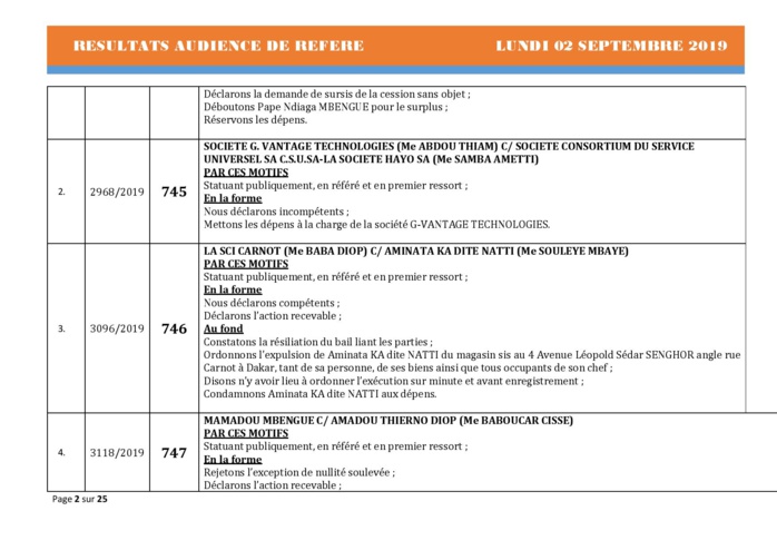 Tribunal du Commerce: Délibérés des Audiences du lundi 2 septembre 2019