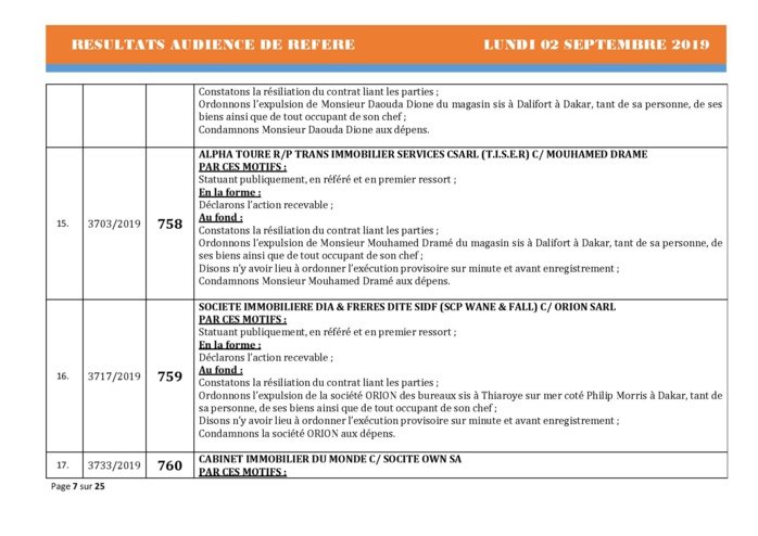 Tribunal du Commerce: Délibérés des Audiences du lundi 2 septembre 2019