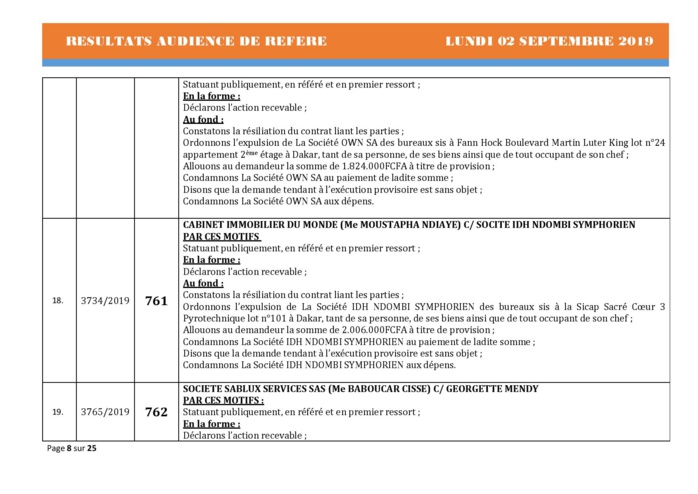 Tribunal du Commerce: Délibérés des Audiences du lundi 2 septembre 2019