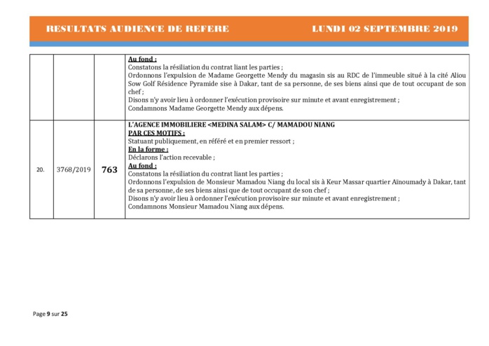 Tribunal du Commerce: Délibérés des Audiences du lundi 2 septembre 2019