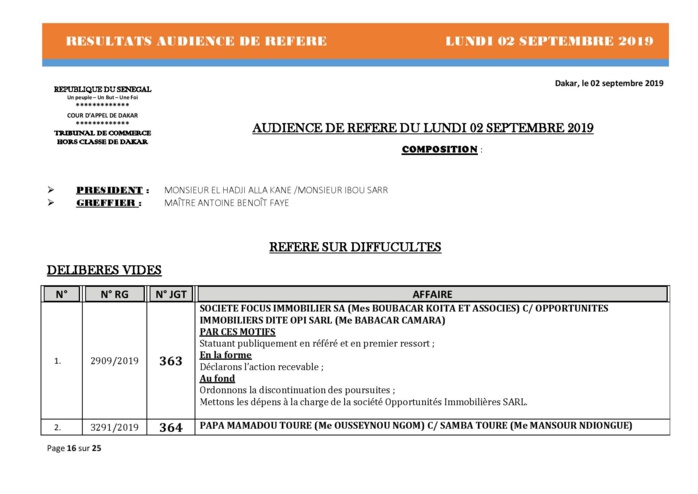 Tribunal du Commerce: Délibérés des Audiences du lundi 2 septembre 2019