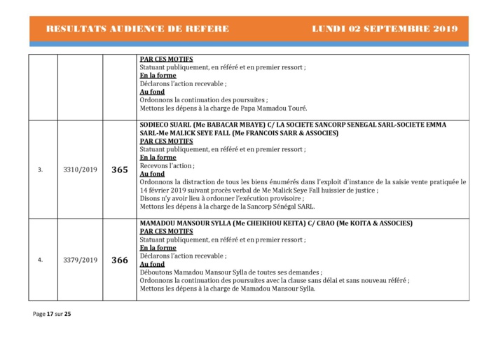 Tribunal du Commerce: Délibérés des Audiences du lundi 2 septembre 2019