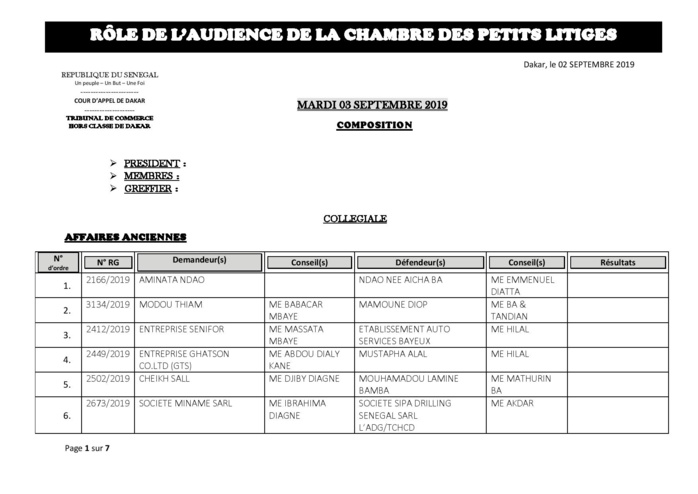 Tribunal du Commerce: Audiences de la Chambre des Petits Litiges de ce mardi 2 septembre 