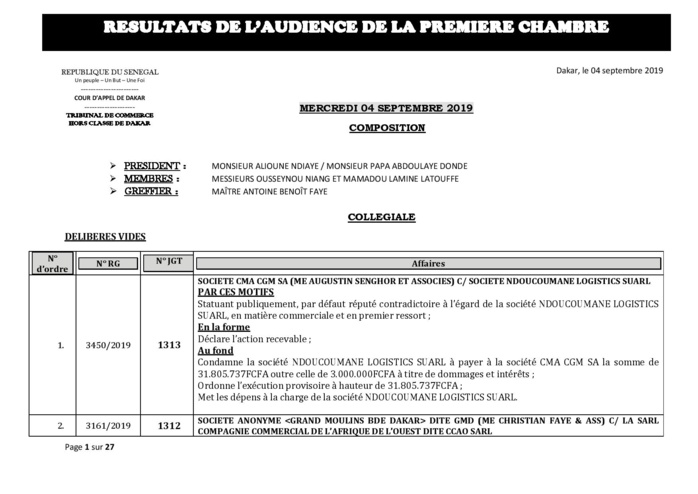 Tribunal du Commerce: Délibérés des Audiences du mercredi 4 septembre