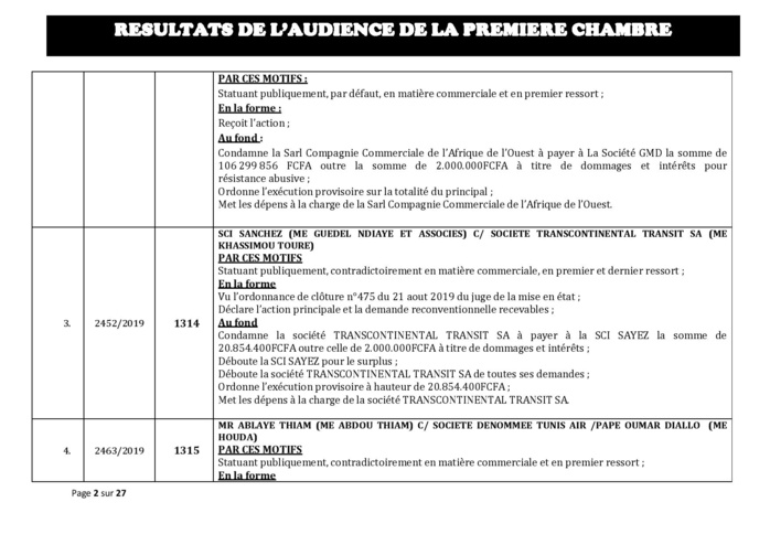 Tribunal du Commerce: Délibérés des Audiences du mercredi 4 septembre