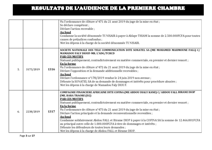 Tribunal du Commerce: Délibérés des Audiences du mercredi 4 septembre