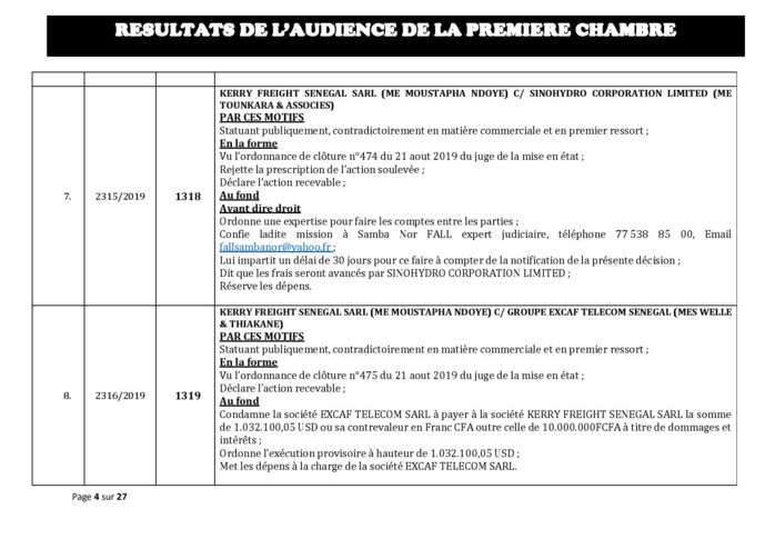 Tribunal du Commerce: Délibérés des Audiences du mercredi 4 septembre