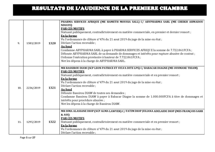 Tribunal du Commerce: Délibérés des Audiences du mercredi 4 septembre