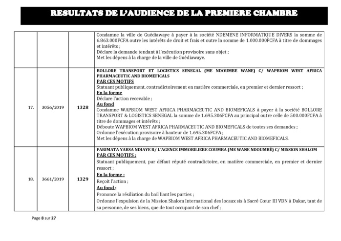 Tribunal du Commerce: Délibérés des Audiences du mercredi 4 septembre