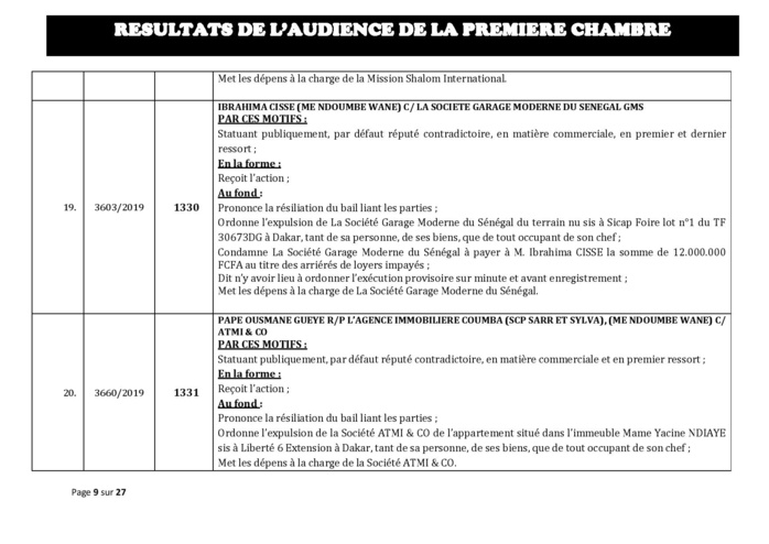 Tribunal du Commerce: Délibérés des Audiences du mercredi 4 septembre