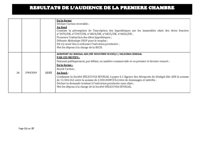 Tribunal du Commerce: Délibérés des Audiences du mercredi 4 septembre