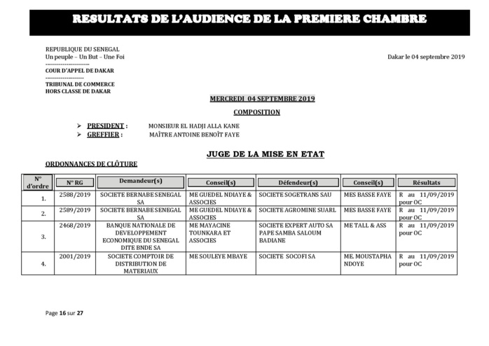 Tribunal du Commerce: Délibérés des Audiences du mercredi 4 septembre