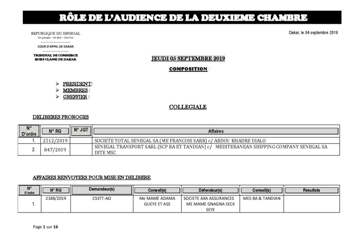 Tribunal du Commerce: Audiences de la 2e Chambre de ce jeudi 5 septembre