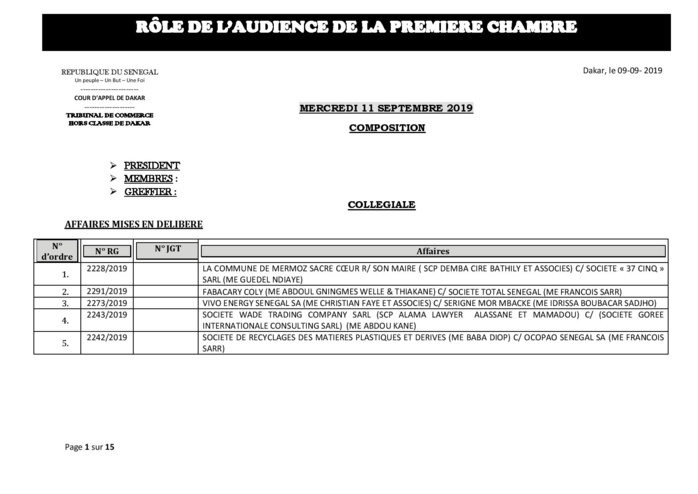 Tribunal du Commerce: Audiences de la Première Chambre de ce mercredi 11 septembre