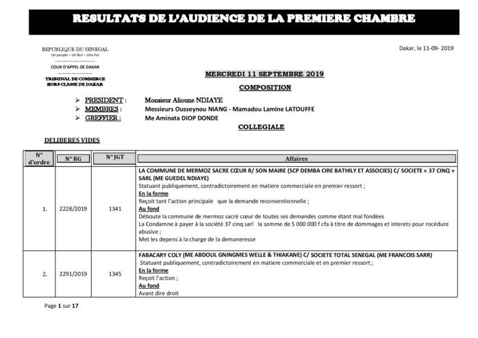 Tribunal du Commerce: Délibérés des Audiences du mercredi 11 septembre