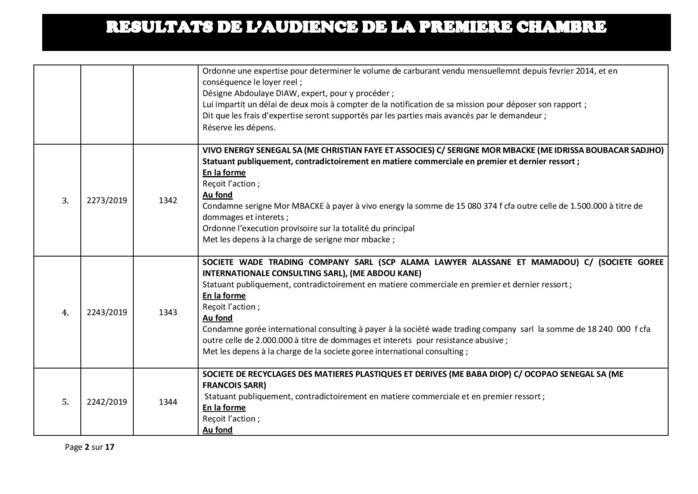 Tribunal du Commerce: Délibérés des Audiences du mercredi 11 septembre