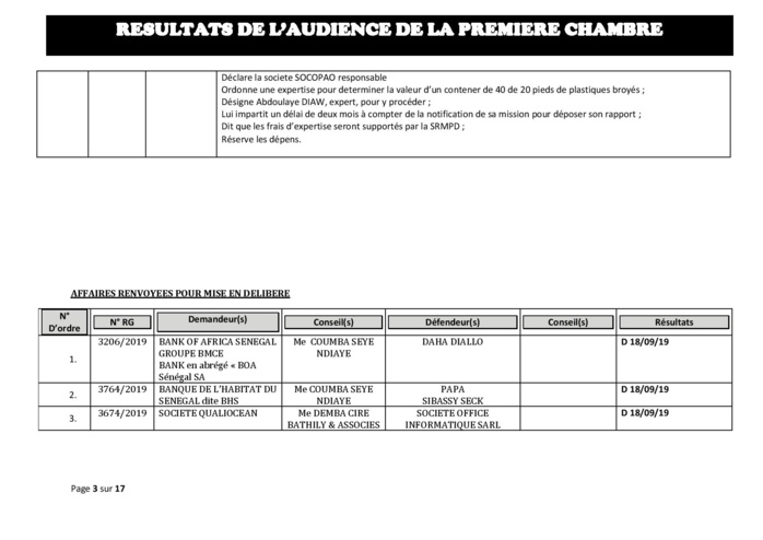 Tribunal du Commerce: Délibérés des Audiences du mercredi 11 septembre