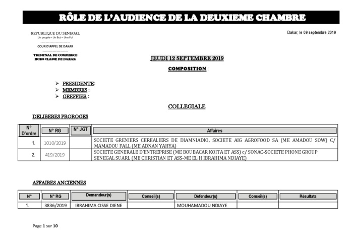 Tribunal du Commerce: Audiences de la 2e Chambre de ce jeudi 12 septembre 