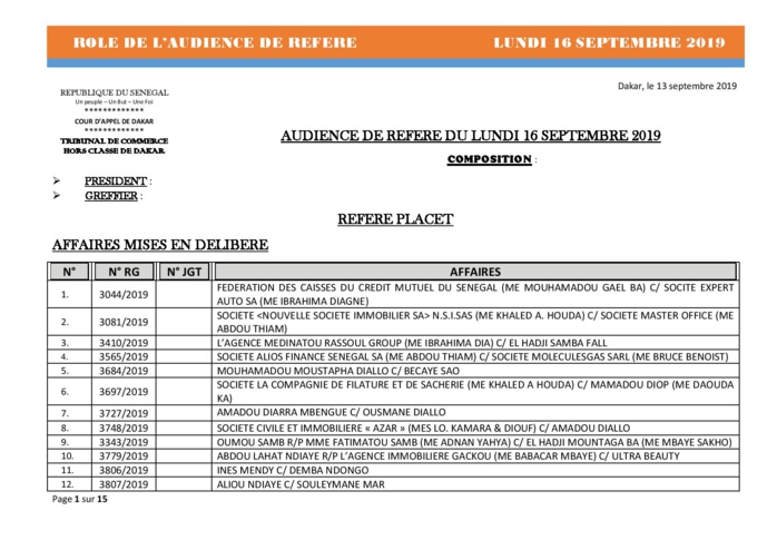 Tribunal du Commerce: Audiences des Référés de ce lundi 16 septembre