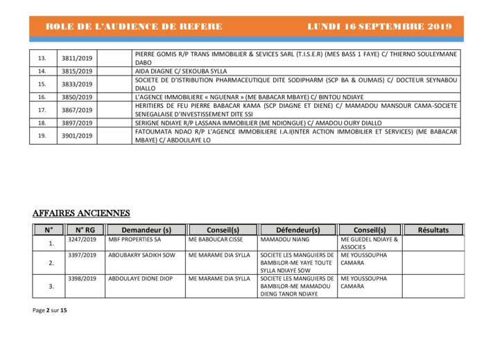 Tribunal du Commerce: Audiences des Référés de ce lundi 16 septembre