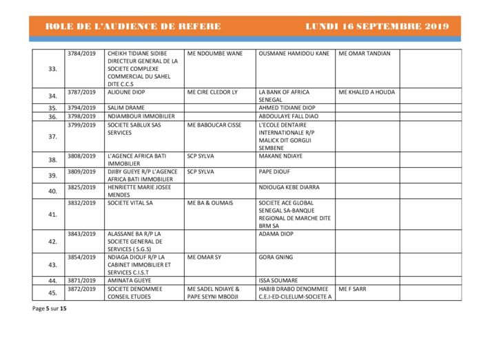 Tribunal du Commerce: Audiences des Référés de ce lundi 16 septembre