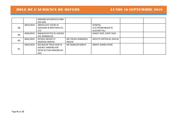 Tribunal du Commerce: Audiences des Référés de ce lundi 16 septembre