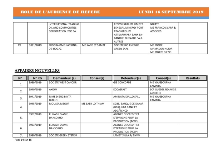 Tribunal du Commerce: Audiences des Référés de ce lundi 16 septembre