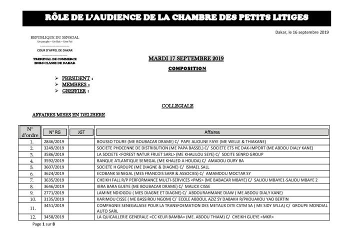 Tribunal du Commerce: Audiences de la Chambre des Petits Litiges de ce mardi 17 septembre