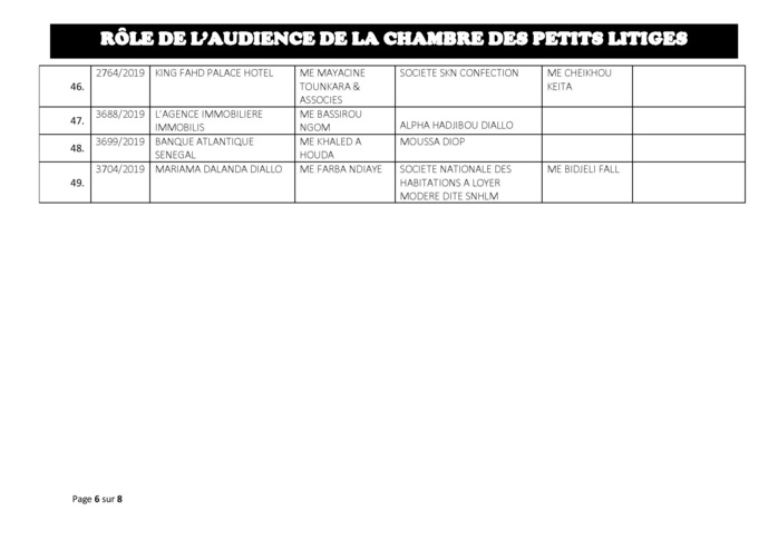 Tribunal du Commerce: Audiences de la Chambre des Petits Litiges de ce mardi 17 septembre