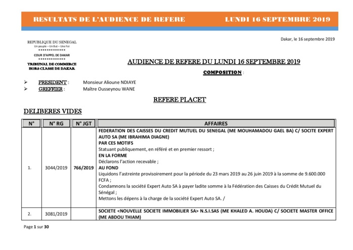 Tribunal du Commerce: Délibérés des Audiences du lundi 16 septembre