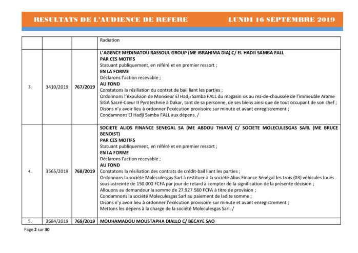 Tribunal du Commerce: Délibérés des Audiences du lundi 16 septembre