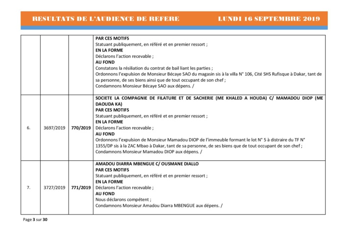 Tribunal du Commerce: Délibérés des Audiences du lundi 16 septembre