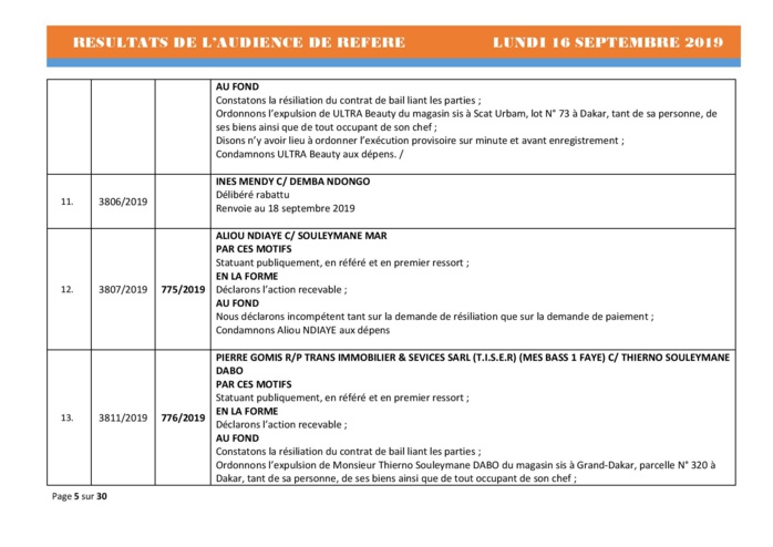 Tribunal du Commerce: Délibérés des Audiences du lundi 16 septembre