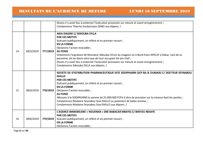 Tribunal du Commerce: Délibérés des Audiences du lundi 16 septembre